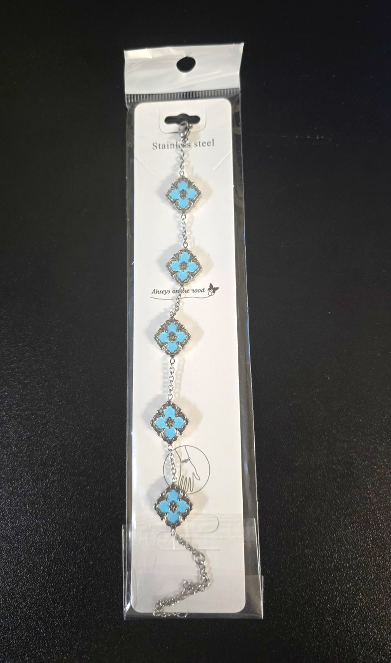Stainless Steel Silver Tone Blue Clover Dangle Chain Bracelet